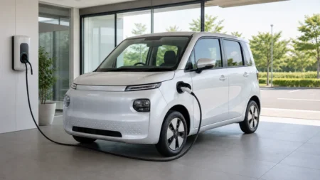 充電ケーブルが接続された白いコンパクトEV車両