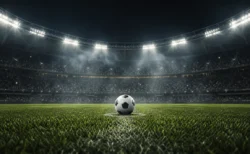 夜のサッカースタジアムでスポットライトを浴びるサッカーボール