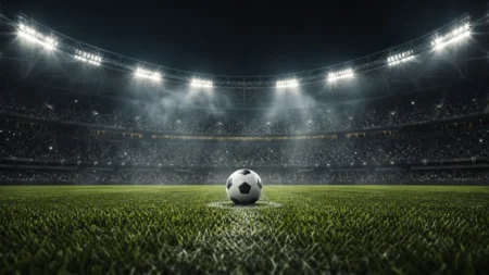 夜のサッカースタジアムでスポットライトを浴びるサッカーボール
