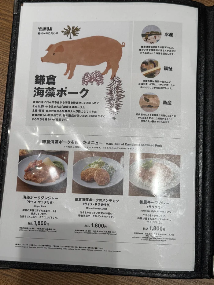 鎌倉海藻ポークを使った料理と1800円の価格が載るメニュー表