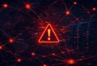 決済ネットワークのシステム障害を示唆する抽象的なデジタルイメージ、赤とオレンジの警告色の回線