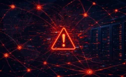 決済ネットワークのシステム障害を示唆する抽象的なデジタルイメージ、赤とオレンジの警告色の回線