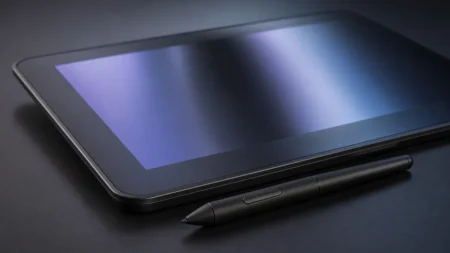 デジタルペンタブレットとスタイラスペンを写した写実的なクローズアップ