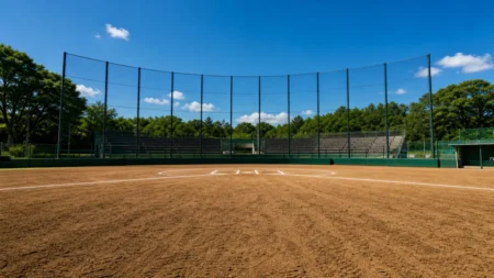 夏の高校野球、土のグラウンドとバックネットの一般的な球場情景
