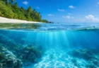 南の島の透き通った海と砂浜、海中に差し込む光