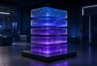 無人のAI研究室に浮かぶ青紫色の5層の発光構造