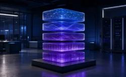 無人のAI研究室に浮かぶ青紫色の5層の発光構造