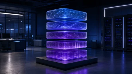無人のAI研究室に浮かぶ青紫色の5層の発光構造