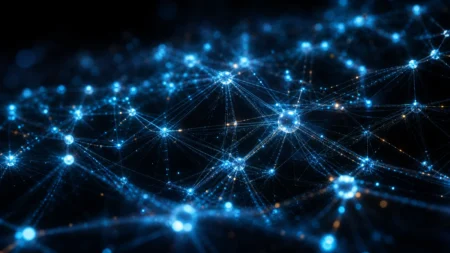 暗闇に広がるニューラルネットワークの立体構造。青く発光する多数のノードが光の線でつながっている