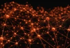 暗い背景に広がるニューラルネットワークの立体構造。テラコッタ色に発光する多数のノードが細い線でつながっている