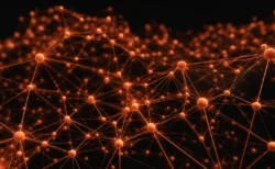 暗い背景に広がるニューラルネットワークの立体構造。テラコッタ色に発光する多数のノードが細い線でつながっている