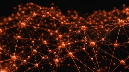 暗い背景に広がるニューラルネットワークの立体構造。テラコッタ色に発光する多数のノードが細い線でつながっている