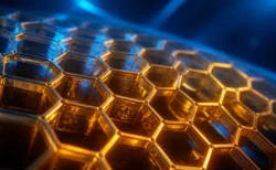 金色に輝くハニカム構造(六角形のセル)を青い光の中でクローズアップした写実的なイメージ。文字や人物は写っていない