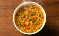 湯気の立つカレー風味のカップ麺を上から見下ろしたアングル
