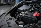 自動車整備工場でエンジンルーム内のバッテリー端子付近を点検する様子のクローズアップ