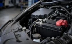 自動車整備工場でエンジンルーム内のバッテリー端子付近を点検する様子のクローズアップ