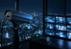 夜の東京を見下ろす防犯カメラと、街頭の映像が映る監視モニター群の写実的な情景。人物・文字なし