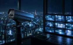 夜の東京を見下ろす防犯カメラと、街頭の映像が映る監視モニター群の写実的な情景。人物・文字なし