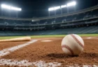 ナイター照明のスタジアムに置かれた硬式野球ボールとバット