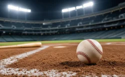 ナイター照明のスタジアムに置かれた硬式野球ボールとバット