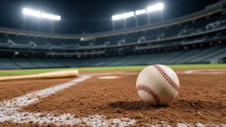 ナイター照明のスタジアムに置かれた硬式野球ボールとバット