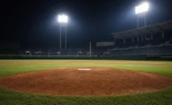 ナイター照明に照らされた野球場のマウンドを写した写実的な画像