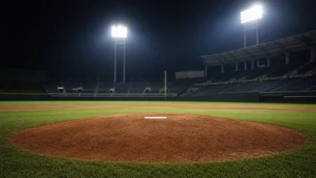 ナイター照明に照らされた野球場のマウンドを写した写実的な画像