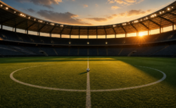 サッカーピッチの夕暮れイメージ写真