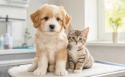動物病院の診察台に座る子犬と子猫