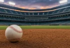 夕暮れのメジャーリーグ球場のマウンドに置かれた白い野球ボール