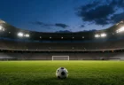 ナイター照明に照らされた無人のサッカースタジアムとピッチ上のサッカーボール