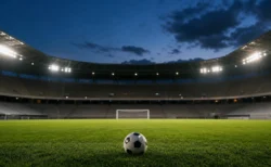 ナイター照明に照らされた無人のサッカースタジアムとピッチ上のサッカーボール