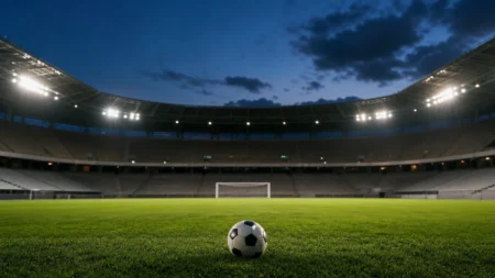 ナイター照明に照らされた無人のサッカースタジアムとピッチ上のサッカーボール