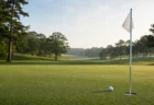 朝の光に照らされた無人のゴルフグリーン、白旗、カップとゴルフボール