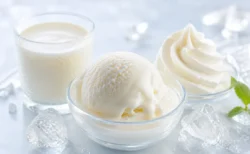 白いミルクとバニラアイス、ホイップクリームを氷とともに並べた涼しげな夏のミルクスイーツのイメージ
