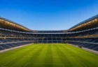 夕方の照明が灯り始めたサッカースタジアムの遠景
