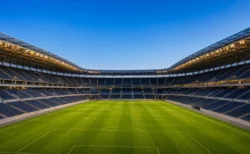 夕方の照明が灯り始めたサッカースタジアムの遠景