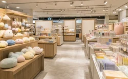 百貨店の催事場に設けられた期間限定グッズ売り場。木目の什器にぬいぐるみや雑貨が並び、天井のスポットライトが商品を照らしている
