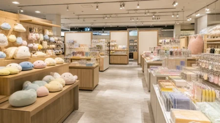 百貨店の催事場に設けられた期間限定グッズ売り場。木目の什器にぬいぐるみや雑貨が並び、天井のスポットライトが商品を照らしている