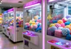 日本のゲームセンターのクレーンゲームコーナー、カラフルなボール型景品が並ぶ様子