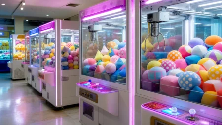 日本のゲームセンターのクレーンゲームコーナー、カラフルなボール型景品が並ぶ様子