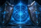 青く発光する魔法陣と対になった盾状の武具