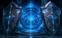 青く発光する魔法陣と対になった盾状の武具
