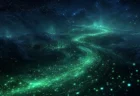 夜空に緑がかった光の粒子が川のように流れる幻想的な情景