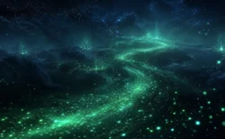 夜空に緑がかった光の粒子が川のように流れる幻想的な情景