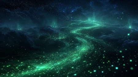 夜空に緑がかった光の粒子が川のように流れる幻想的な情景