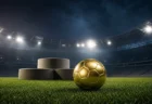 ナイター照明のサッカースタジアムのピッチに置かれた金色のサッカーボールと表彰台
