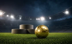 ナイター照明のサッカースタジアムのピッチに置かれた金色のサッカーボールと表彰台