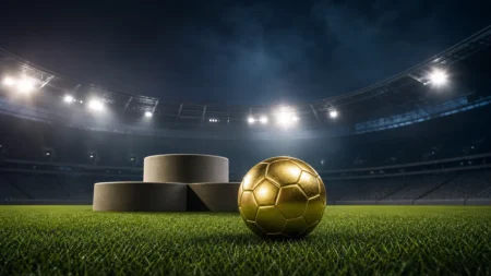 ナイター照明のサッカースタジアムのピッチに置かれた金色のサッカーボールと表彰台