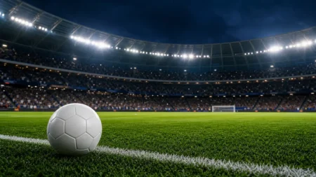 イングランド対フランスのW杯3位決定戦を伝えるサッカースタジアム